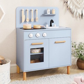 Cozinha de brincar infantil 55 x 31 x 75 cm com luzes, sons, fogão, forno e acessórios de madeira. Presente para crianças com mais de 3 anos. Azul