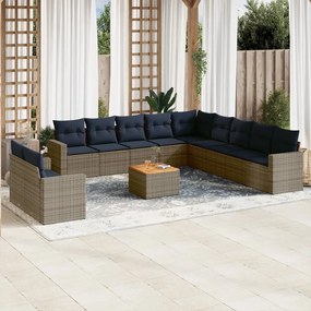 12 pcs conjunto sofás p/ jardim c/ almofadões vime PE cinzento
