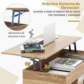 Mesa de centro com tampo elevável 100 x 50 x 46 cm, amplo compartimento oculto, 3 prateleiras abertas e pernas de metal para sala e escritório Natural