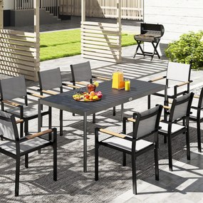 Mesa de jantar de jardim em aço 186 x 90 x 74 cm (CADEIRAS NÃO INCLUIDAS), mesa de jardim para 8 pessoas com tampo retangular em ripas, cinzento escur
