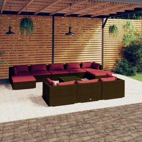 vidaXL 11 pcs conjunto lounge de jardim c/ almofadões vime PE castanho