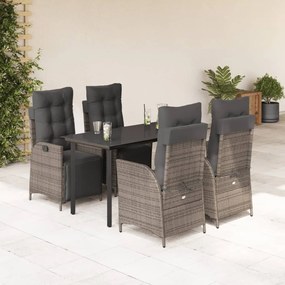 5 pcs conjunto de jantar p/ jardim c/ almofadões vime PE cinza