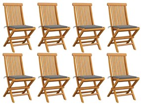 Cadeiras de jardim c/ almofadões cinzentos 8 pcs teca maciça