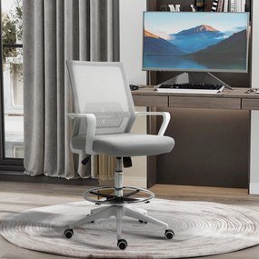 Cadeira de escritório com assento alto ajustável, 64 x 59 x 104-124 cm, cadeira giratória com rotação de 360°, tecido respirável cinzento e branco