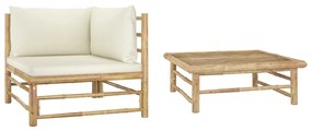 vidaXL 2 pcs conj. lounge p/ jardim em bambu c/ almofadões branco nata