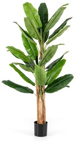 Plátano artificial de 195 cm de altura com 27 folhas grandes Caules triplos Casca natural Verde Decoração de vaso de plantas