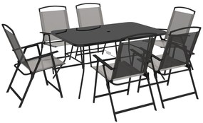 Outsunny Conjunto de Refeição de 7 Peças com 6 Cadeiras Dobráveis e Mesa com Orifício para Chapéu de Sol para Terraço Exterior Cinza