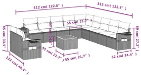 12 pcs conjunto de sofás de jardim c/ almofadões vime PE preto