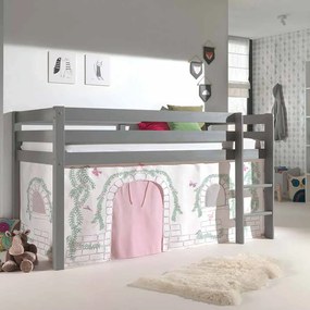 Conjunto Cama alta de Criança PINO 90 x 200 cm + estrado + escada + cortina Pássaro Cinzenta