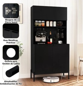 Armário multifuncional para cozinha com estação de carregamento 80 x 40 x 164 cm, garrafeira, portas e prateleira ajustável para sala de jantar e sala
