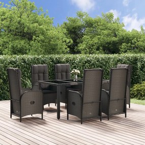 vidaXL 7 pcs conjunto jantar jardim c/ almofadões vime PE preto/cinza
