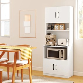 Armário de cozinha 64,5 x 38 x 168 cm com estação de carregamento integrada com 4 portas, 2 prateleiras ajustáveis e bancada para micro-ondas, branco