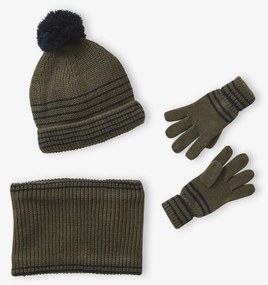Conjunto às riscas gorro + gola snood + luvas/mitenes para menino caqui