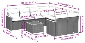 9 pcs conjunto de sofás p/ jardim com almofadões vime PE bege