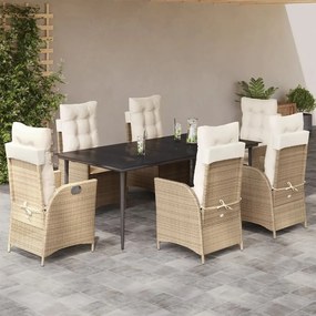 vidaXL 7 pcs conjunto de jantar p/ jardim com almofadões vime PE bege