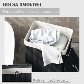 Cesto de Roupa de Bambu Dobrável Cesto para Roupa Suja com Tampa e Bolsa Amovível 40x30x60 cm Preto