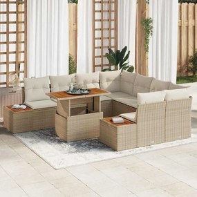 Conjunto de Sofá de Jardim de 9 Peças com Almofadas Bege de Rattan Poliéster