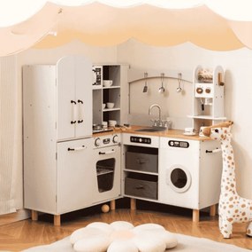 Cozinha de brincar de canto 96 × 91 × 105 cm em madeira com frigorífico de porta dupla, cafeteira, máquina de lavar roupa, 12 acessórios, luzes e sons
