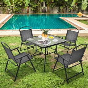 Conjunto de Jardim com mesa de jantar dobráveis e 4 cadeiras dobráveis com tampo de mesa em vidro temperado para jardim, piscina, pátio e terraço Cinz