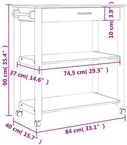 Carrinho de cozinha MONZA 84x40x90 cm madeira de pinho maciça