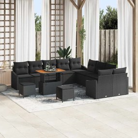 Conjunto de Sofá de Jardim de 13 Peças com Almofadas Preto Rattan Sintético Acácia