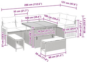 Conjunto de Sofás de Jardim de 9 Peças com Almofadas Rattan Preto Acác