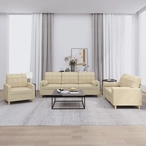 3 pcs conjunto de sofás com almofadas tecido cor creme