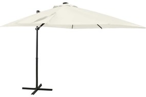 vidaXL Guarda-sol jardim cantilever c/ poste e luzes LED 250 cm areia