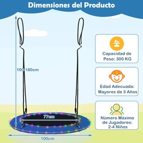 Baloiço em forma de ninho redondo para exterior com luz LED de 8 modos, diâmetro de 100 cm, cordas ajustáveis, capacidade de 300 kg, para crianças a p