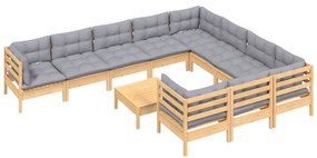 11 pcs conjunto lounge de jardim c/ almofadões cinza pinho