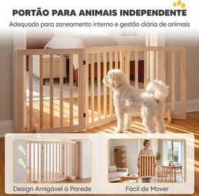 Barreira de Segurança Dobrável para Cães em Madeira, 3 Painéis, para Escadas e Portas, com 2 Pés de Apoio, 150x61 cm, Natural