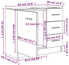 Armário de lavatório 63x30x54 cm contraplacado cinzento cimento