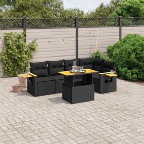 6 pcs conjunto sofás de jardim c/ almofadões vime PE preto