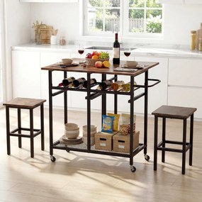 Conjunto de mesa de jantar alta de 3 peças com 2 bancos, suporte para 6 garrafas, estantes e pega lateral, mesa dobrável para cozinha, castanha