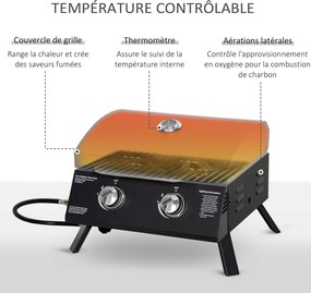 Grelhador a gás de mesa portátil com pés dobráveis - 2 queimadores de 5 kW - Churrasqueira a gás para campismo - Grelha de cozedura, tabuleiro para go