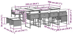 13 pcs conjunto jantar p/ jardim c/ almofadões vime PE cinzento