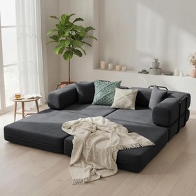 Sofá Cama de 2 Lugares Dobrável Estofado em Chenilla com 2 Almofadas Braços Largos Acolchoamento Grosso Cinzento Escuro