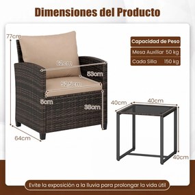 Conjunto de 3 móveis de rattan para jardim, com 2 cadeiras, mesa de vidro e almofadas pretas com capas removíveis, para jardim, terraço ou piscina Cas