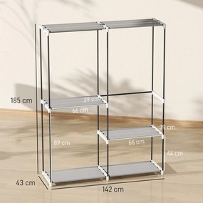 Guarda Roupa Aberto 142x43x185 cm Armário para Roupas com 4 Prateleiras de Tecido 3 Barras para Pendurar Cinzento