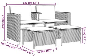Sofá de jardim de 2 lugares com mesa e bancos vime PE cinzento
