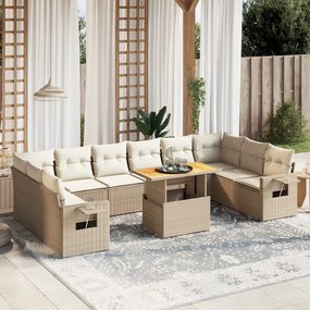 11 pcs conjunto sofás de jardim c/ almofadões vime PE bege