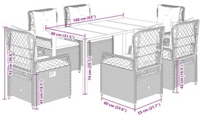 7 pcs conjunto de jantar p/ jardim com almofadões vime PE bege