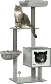 Arranhador para gatos com arranhadores, vários acessórios, casinha, rede, peluche, sisal natural curto, 48x40x126 cm, cinzento