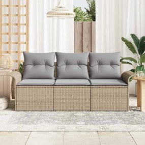 Conjunto de Sofá de Jardim de 3 Peças com Almofadas em Vime Bege