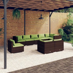 vidaXL 9 pcs conjunto lounge de jardim c/ almofadões vime PE castanho