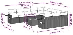 12 pcs conjunto de sofás jardim c/ almofadões vime PE cinzento