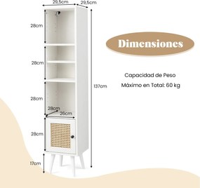 Estante em rattan estreito 29,5 x 29,5 x 137 cm com porta e prateleira ajustável para sala de estar Branco