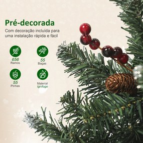Árvore de Natal Slim 210 cm com Luzes LED 8 Modos de Iluminação 656 Ramos com Purpurina Prateada Pinhas e Bagas Verde