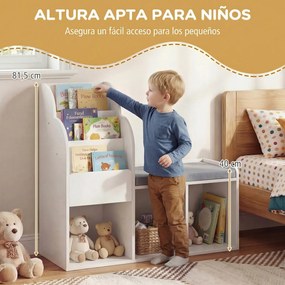Estante infantil com banco de 3 níveis 80 x 29,5 x 81,5 cm, 3 compartimentos abertos e almofada de assento para quarto ou sala de jogos - Branco