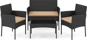 Conjunto de jardim em rattan de 4 peças, com 2 poltronas, sofá de 2 lugares, mesa auxiliar e almofadas de espuma, para alpendre, pátio ou terraço, Pre